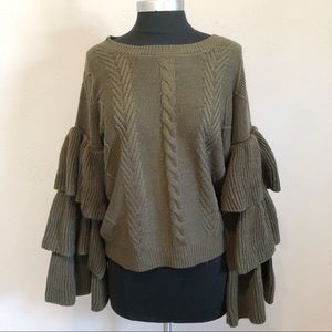 Elan Bell Tiered Bell Sleeve Olive Green Sweater